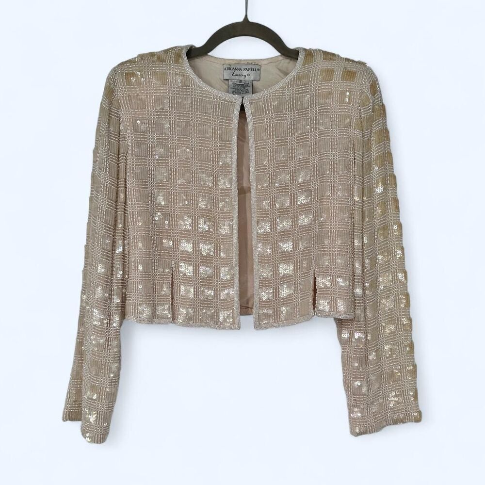 Art Deco Beaded Silk Jacket Sequin Grid Cropped Blazer Blush Bolero c. 1993